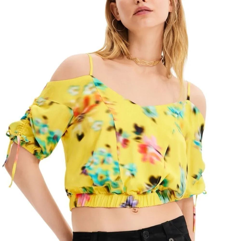 Desigual SHORT GATHERED FLORAL BLOUSE Yellow Size Small NWT